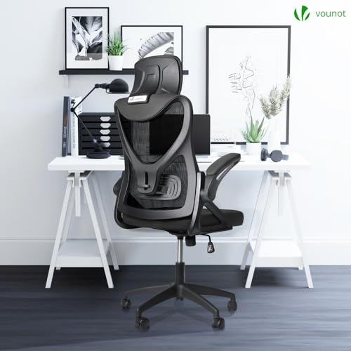 vounot® Chaise de Bureau Ergonomique Hauteurs Ajustables Noir Fauteuil de Bureau avec Appuie-Tête et Accoudoir Réglables