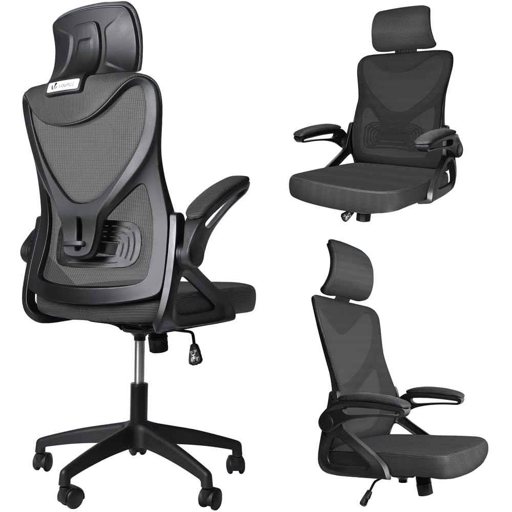 vounot® Chaise de Bureau Ergonomique Hauteurs Ajustables Noir Fauteuil de Bureau avec Appuie-Tête et Accoudoir Réglables